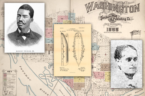 Photos of Robert Pelham and Miriam Benjamin and James Wormley’s U.S. patent no. 242,091 for a life saving apparatus overlaid on a detailed, colorized map of Washington, D.C.