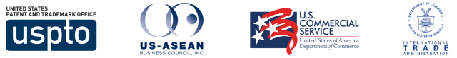 Logos for United States Patent and Trademark Office, The US and ASEAN Business Council, Inc., The U.S. Commercial Service of the U.S. Department of Commerce and the International Trade Administration of the U.S. Department of Commerce.