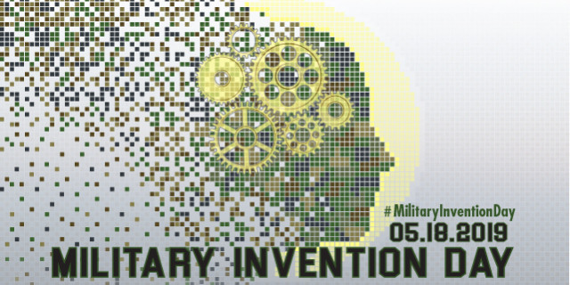 Military Invention Day logo with text: 05.18.2019 - #MilitaryInventionDay