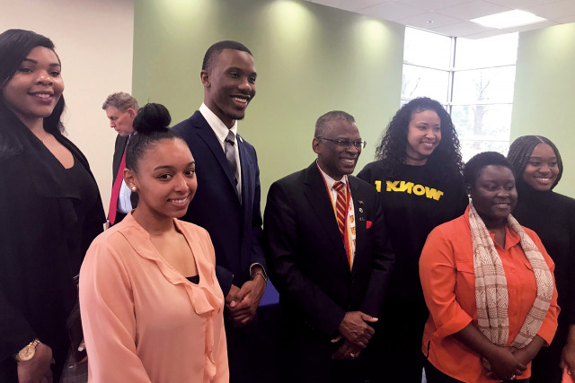 Lonnie Johnson surrounded by attendees at USPTO’s Black History Month Celebration at Clark Atlanta University