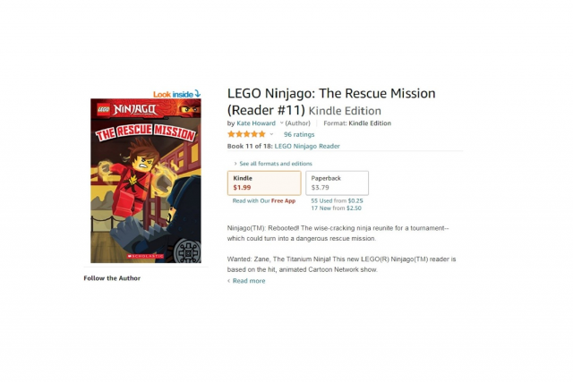 Example one showing how the title portion Ninjago appears on a point-of-sale webpage for one book in the Ninjago book series. The book is The Rescue Mission.