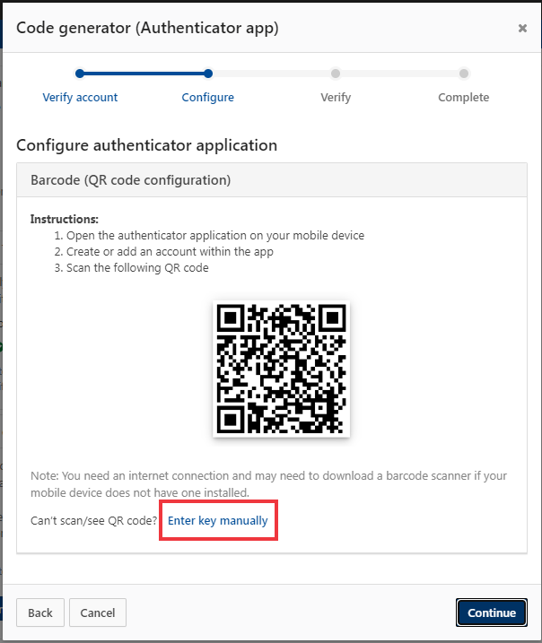 This screenshot shows a black and white QR code so the user can proceed to generate codes to continue with the reconfiguration, and has a blue continue button to proceed.