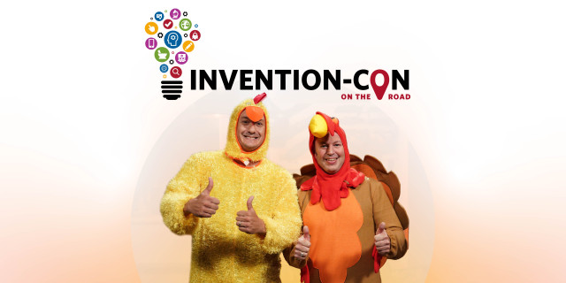 Invention Con on the Road event graphic with a photo of two individuals wearing chicken suits.