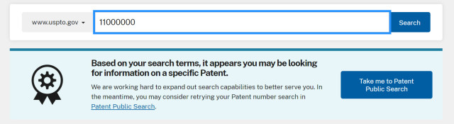 screenshot showing if you type in a numeric search, a message asks if you are searching for a patent.