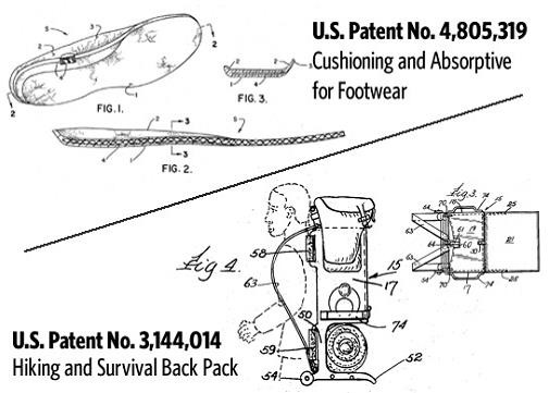 Patent drawings -- Cushioning and absorptive for footwear, and hiking and survival backpack
