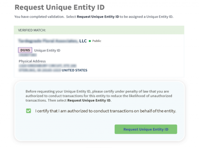Screenshot from SAM.gov showing a pop up display certifying authorization to conduct transactions on behalf of an entity to request the creation of the Unique Entity ID (UEI).
