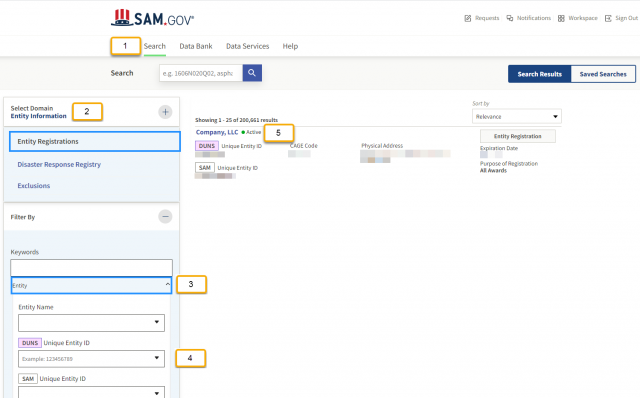 A screenshot showing an organization’s listing in SAM.gov
