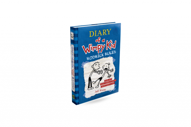 Second example showing a different way the book title for the series Diary of a Wimpy Kid appears on one book in the series. The book cover is blue and the title is gold and red.