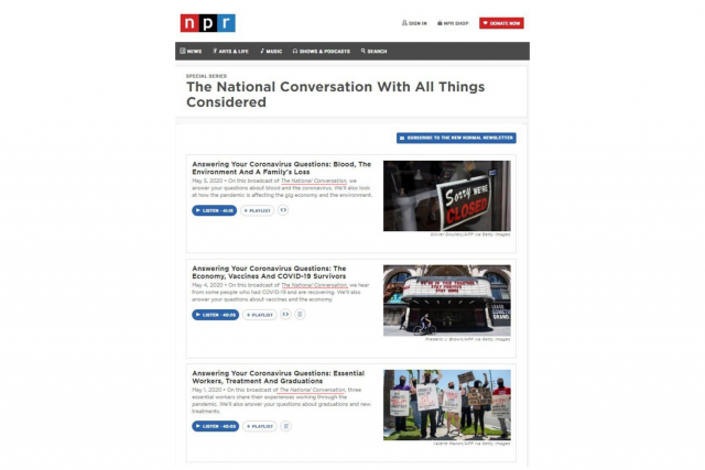 Example of a webpage advertising that the title portion The National Conversation is a source-indicator for the radio series, and not a title for a specific episode in the series.