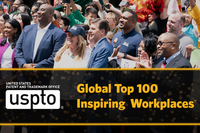USPTO logo and text, "Global Top 100 Inspiring Workplaces," over photo of USPTO leadership and assembled affinity groups during USPTO Community Day, May 2023.