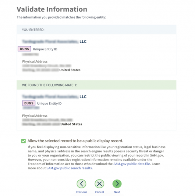 Screenshot from SAM.gov depicting validation of entity address and settings for publicly displaying records and entity information.