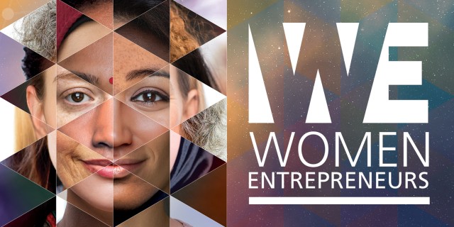 composite of several female faces combining to a single figure next to the words WE: Women Entrepreneurs