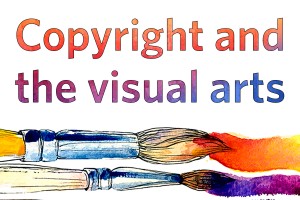 Colorful copyright and the visual arts text above two paintbrushes.