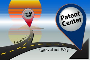 road forking in two directions, Innovation Way directing people to the Patent Center.