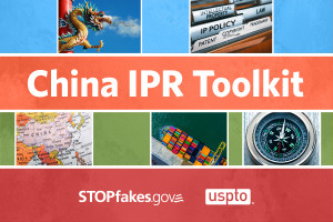 China intellectual property rights toolkit image with map of china, dragon, compass, and cargo ship.