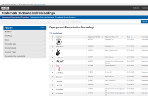 screenshot of Trademark Decisions and Proceedings search tool showing a table with rows of trademark information
