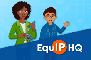 a woman holding a tool and a circuit board and a boy waving above the EquipHQ banner
