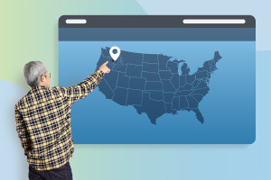 显示美国地图和位置标记的网页插图。一名男子站在地图前，指着位置标记。 