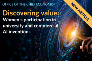 Title of OCE’s new journal article, “Discovering value: Women’s participation in university and commercial AI invention” on a blue network connection background.