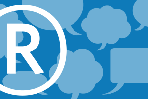 light blue background with thought bubbles and Registered trademark symbol