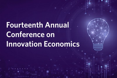 Fourteenth Annual Conference on Innovation Economics on a purple background with a lightbulb.