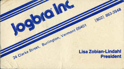 Jogbra Inc business card Lisa Zobain-Lindahl President 24 Clarke Street, Burlington, Vermont 05401 [802] 863-3548