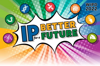 Innovation icons surrounding a rainbow background with cartoon text pop bursting from the center reading "IP for a Better Future"