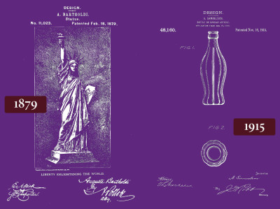 Design patents for the A. Bartholdi’s statue (number 11,023) and A. Samelson’s bottle or similar article (48,160)