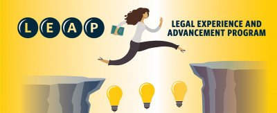 LEAP – Legal Experience and Advancement Program – Woman leaping between cliffs over lightbulbs