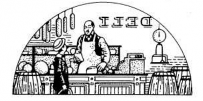 An intricate design of a boy and a man in a supermarket. There are small details, such as a scale, a cash register, and food, but the prominent features are the boy, the man, and the supermarket.