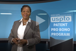 Video play icon overlaying a woman speaking about Patent Pro Bono Program.