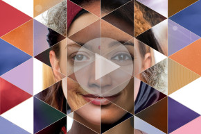collage of several women's faces merged into one portrait. video play icon overlaid on top.
