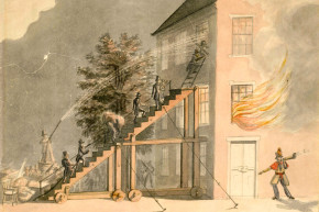 Drawing of a mobile stair device being used to put out a fire in a multi-story building