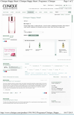 Clinique Happy Heart specimen shows trademark use for perfumery. The specimen is a screenshot of a webpage where consumers can purchase the perfume. The trademark is shown on the perfume bottle and in the top middle of the webpage as the product name.