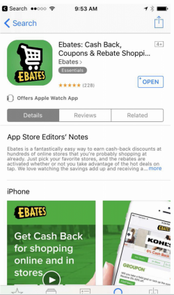 Ebates specimen showing trademark use for a specific type of downloadable app. The specimen is a screenshot of an app store phone screen where consumers can download the software. The trademark is shown in the upper left corner.