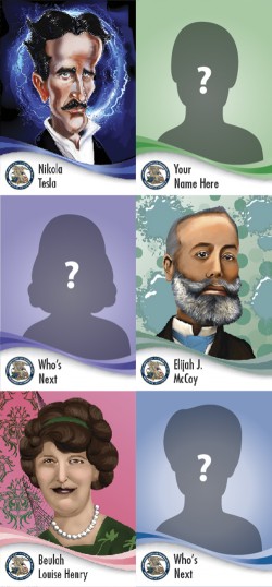 Collage of a variety of inventor cards with two blank silhouettes with the label "Who's Next".