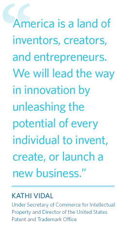 Quote from Kathi Vidal saying “America is a land of inventors, creators, and entrepreneurs. We will lead the way in innovation by unleashing the potential of every individual to invent, create or launch a new business.”