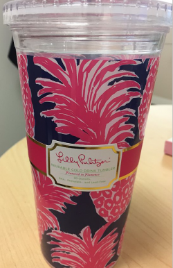 Lilly Pulitzer specimen shows trademark use for tumblers. The specimen is a photograph of a tumbler with an attached label. The trademark is shown prominently in the center of the label.