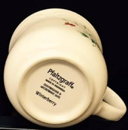 Pfaltzgraff specimen shows trademark use for mugs. The specimen is a photograph showing the trademark printed on the bottom of a mug.