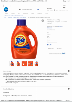 Tide specimen shows trademark use for laundry detergent. The specimen is a screenshot of a webpage selling the laundry detergent. The trademark is shown on an image of a detergent bottle appearing on the webpage.