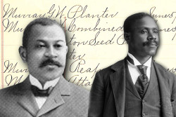 Black and white photos of Henry Baker and George Washington Murray, two African American men wearing suits and ties, with a handwritten list of inventors and their patents in the background