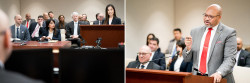 PTAB proceedings collage showing woman speaking at podium while audience is actively engaged and another of a man speaking at podium