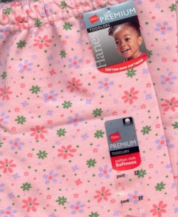 Close-up photo of a hang tag and sticker on a pair of pants. Both include the Hanes trademark, the words “premium,” “toddlers,” and “cotton rich softness.” The hang tag shows a smiling toddler, and the sticker also reads “pant 3T.” 