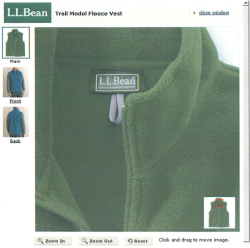 Screenshot of a product webpage with three different views of a fleece vest. The selected image is a close-up photo of a tag sewn into the inner neckline, which shows the L.L. Bean trademark. The trademark also appears at the top of the webpage. 