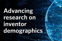  “Advancing research on inventor demographic” text on a blue network abstract background.