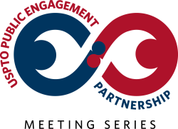 Public engagement partnership logo with navy blue and red people shaking hands and navy blue and red lettering