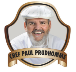 photograph of Chef Paul Prudhomme framed in a gold line with a banner at the bottom containing his name