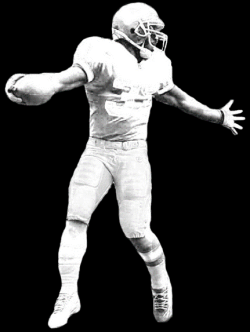 white silhouette of a football player holding a football while mid-air