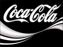 black square with white Coca-Cola text in script font with the signature brand wave in white beneath the text