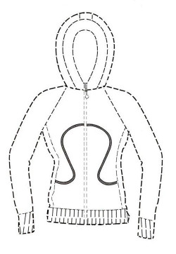 Drawing of a hooded sweatshirt with the Lululemon logo displayed across most of it. This is an example of ornamental refusal.